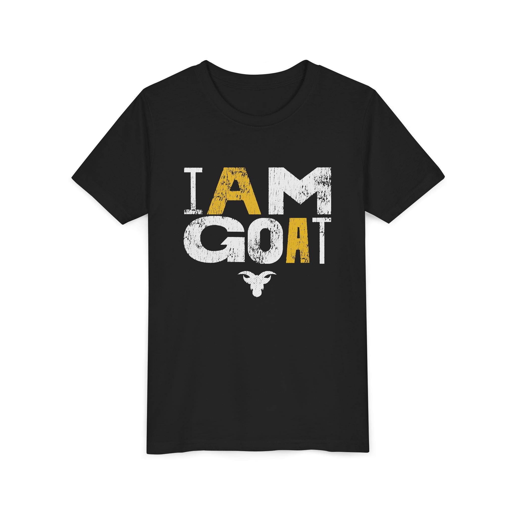 I AM GOAT Distressed Type Youth T-Shirt | GOAT Gold Typography | Kids Minimalist Tee | Ages 6-14