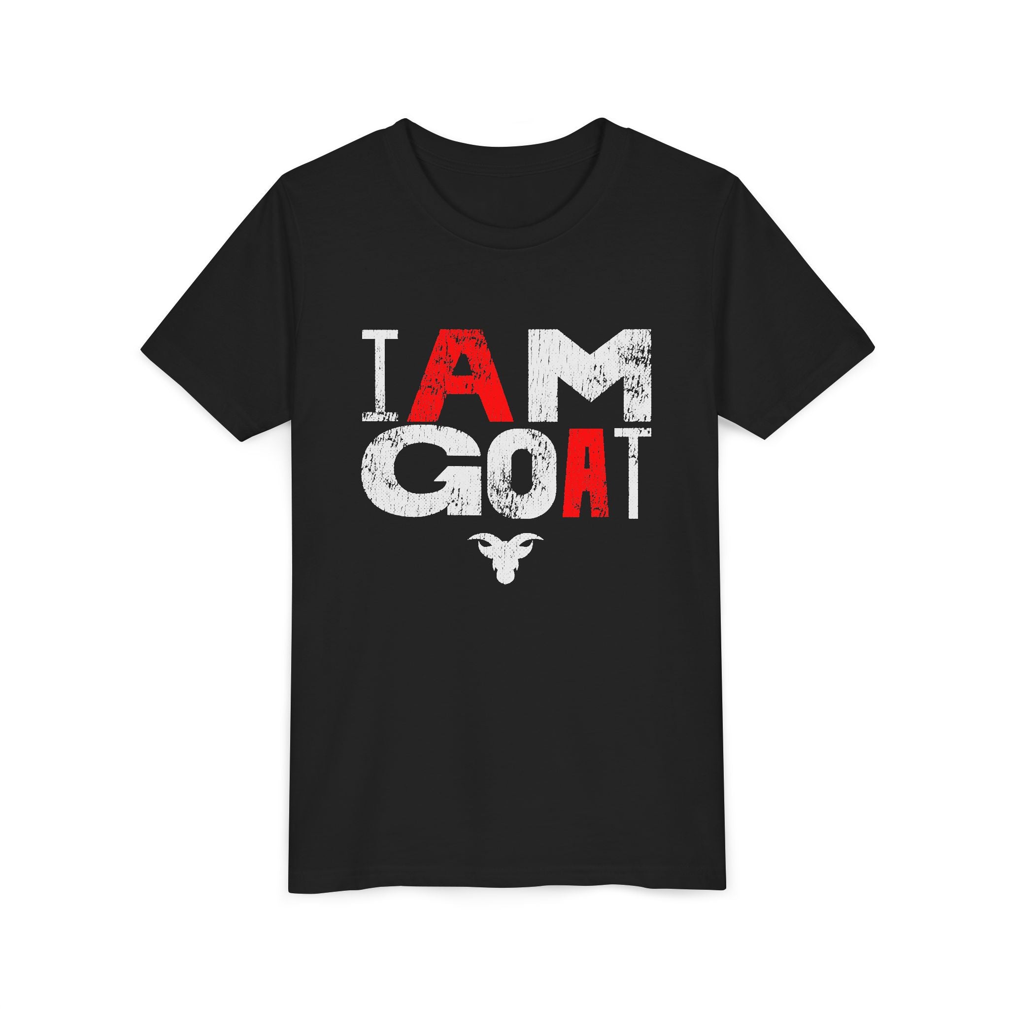 I AM GOAT Distressed Type Youth T-Shirt | Fire Red Typography | Kids Minimalist Tee | Ages 6-14