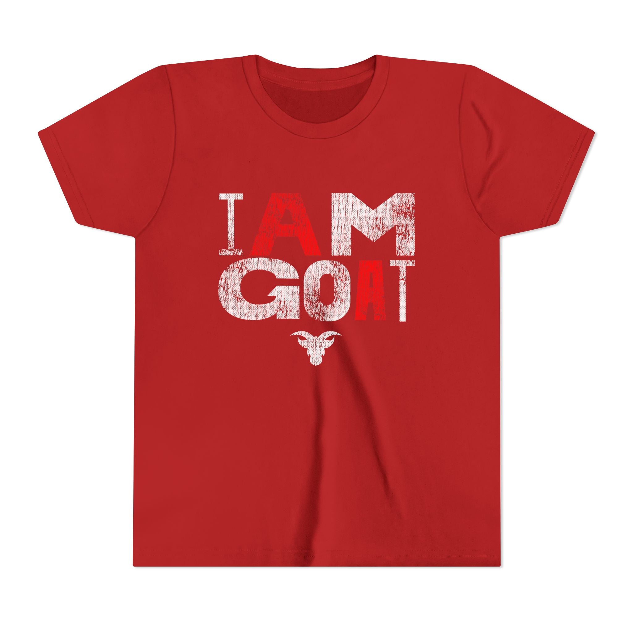I AM GOAT Distressed Type Youth T-Shirt | Fire Red Typography | Kids Minimalist Tee | Ages 6-14